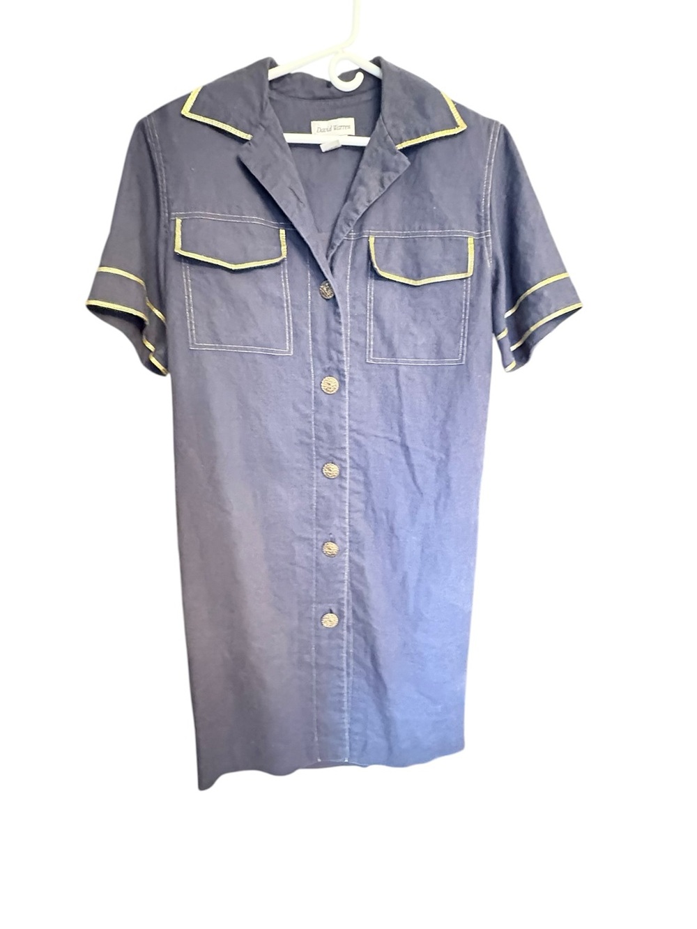 Vintage David Warren Navy/Gold Trim Short-Sleeve Tailored Shirt Dress sz 12